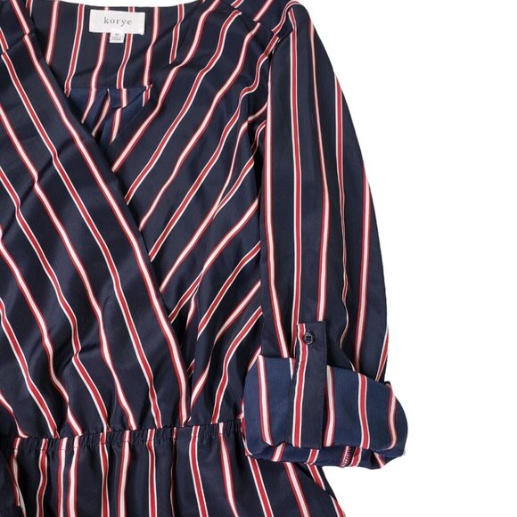 Striped Navy & Red Long-Sleeve Wrap Romper By Korye pockets Size M - Picture 3 of 12